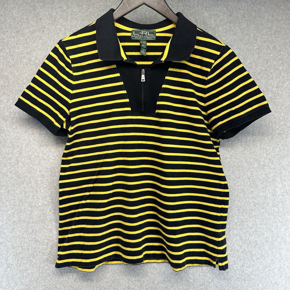 LRL Ralph Lauren Active Polo Womens XL Black Yellow Striped Zip Golf Shirt